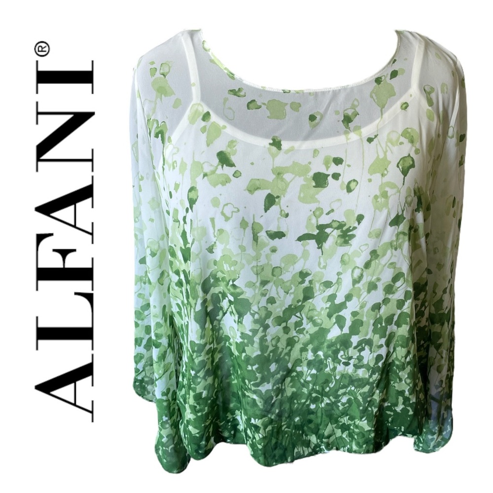 Alfani Petite Green Leaf Bubble Hem Flute Sleeve Blouse